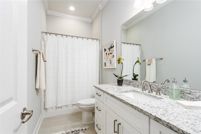 full bathroom with recessed lighting, toilet, ornamental molding, shower / tub combo, and vanity