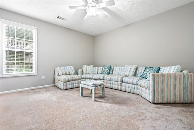 4339 Live Oak Dr, Auburn, AL 36830 - living area with carpet floors, a ceiling fan, baseboards, and a textured ceiling
