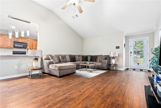 4339 Live Oak Dr, Auburn, AL 36830 - living room with ceiling fan, dark wood finished floors, lofted ceiling, ornamental molding, and baseboards