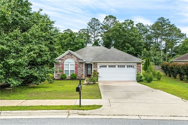 4339 Live Oak Dr, Auburn, AL 36830 - ranch-style home featuring a garage, a front yard, driveway, stone siding, and a chimney