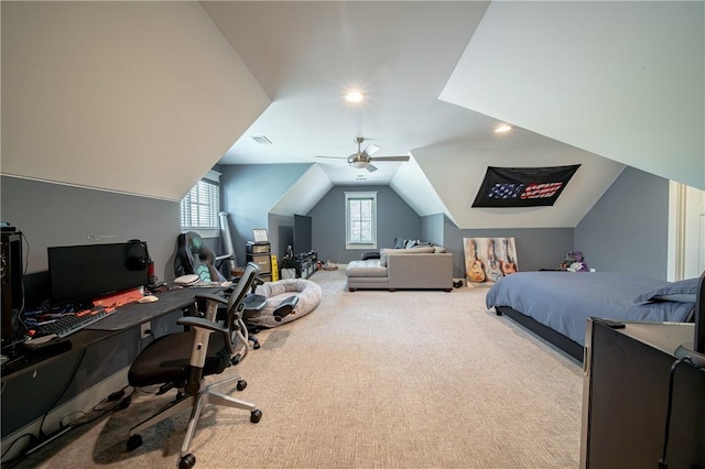 1659 N Donahue Dr, Auburn, AL 36830 - carpeted bedroom with an office area, vaulted ceiling, and ceiling fan