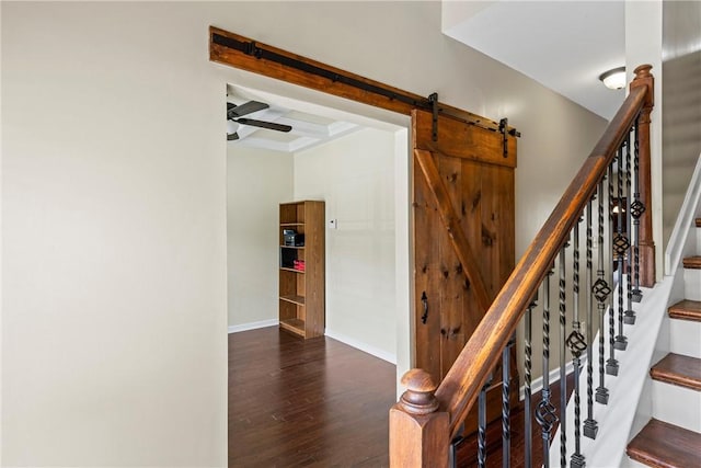 331 Lightness Dr, Auburn, AL 36830 - stairs with coffered ceiling, wood finished floors, beam ceiling, baseboards, and ceiling fan