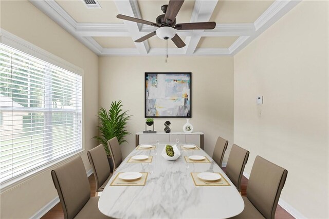 331 Lightness Dr, Auburn, AL 36830 - dining room with coffered ceiling, a ceiling fan, beam ceiling, and baseboards
