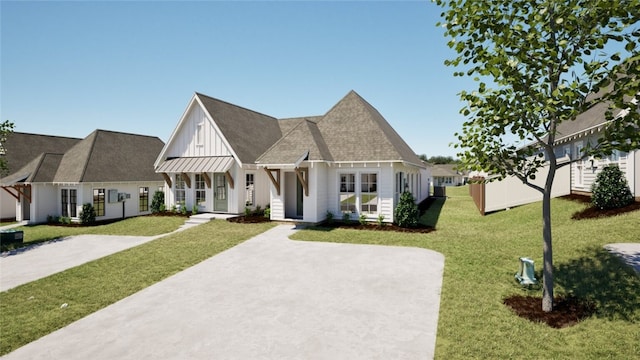 view of front of home featuring a standing seam roof, a porch, a front lawn, board and batten siding, and metal roof