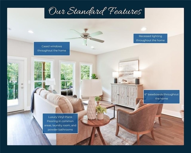 sitting room featuring recessed lighting, baseboards, wood finished floors, and ceiling fan