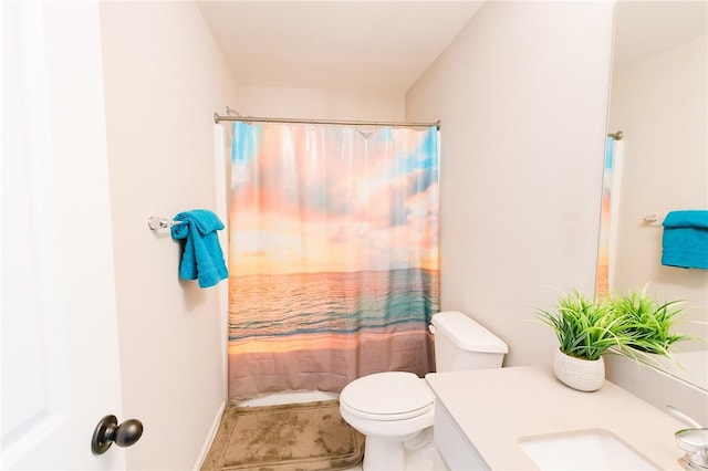 full bathroom with vanity, toilet, and shower / tub combo with curtain