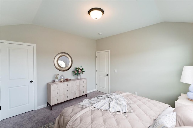 bedroom with dark colored carpet and lofted ceiling