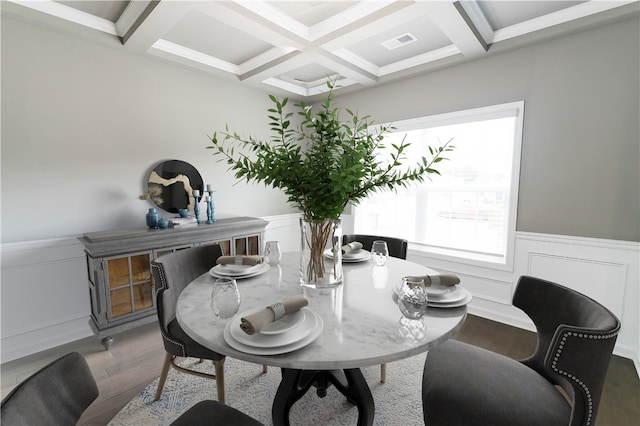 dining space featuring beamed ceiling, hardwood / wood-style flooring, and coffered ceiling