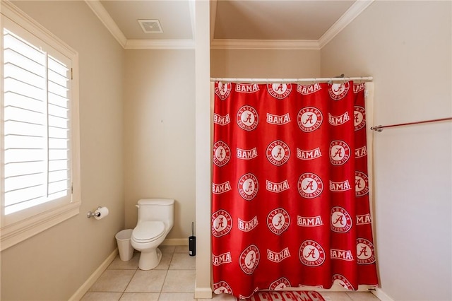 56 Peachwood Dr, Tallassee, AL 36078 - bathroom featuring toilet, tile patterned flooring, ornamental molding, a shower with shower curtain, and baseboards