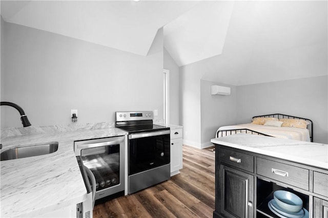 kitchen with dark wood-style flooring, dishwasher, lofted ceiling, electric stove, and a sink
