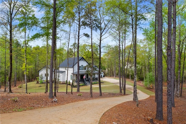 view of home's community featuring a view of trees and curved driveway