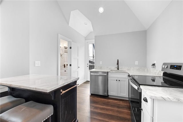 kitchen featuring light stone countertops, a sink, vaulted ceiling, and appliances with stainless steel finishes