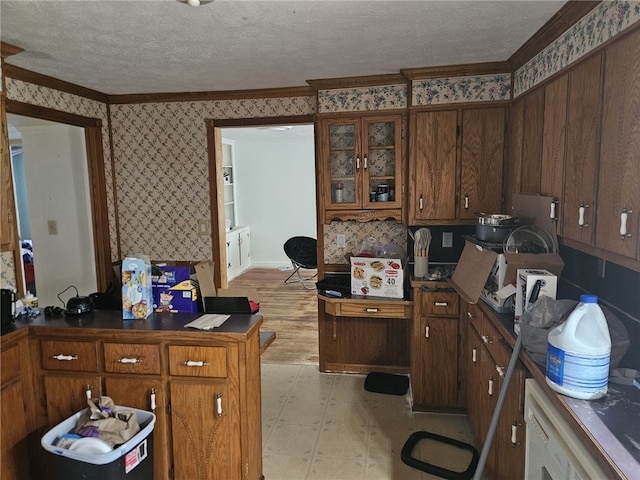 6507 22nd Ave, Valley, AL 36854 - kitchen featuring wallpapered walls, light floors, crown molding, a textured ceiling, and baseboards