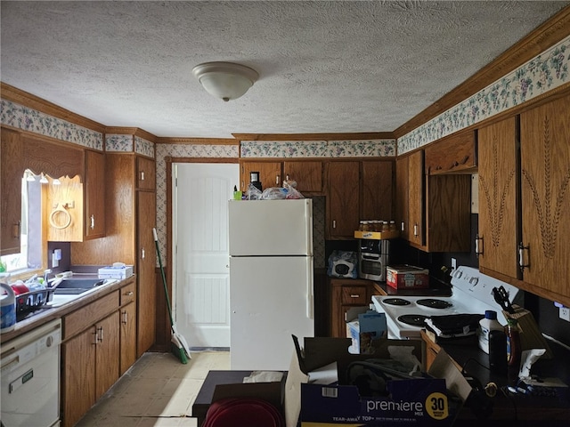 6507 22nd Ave, Valley, AL 36854 - kitchen featuring white appliances, wallpapered walls, a textured ceiling, a sink, and brown cabinetry