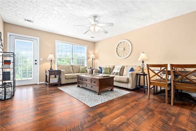 1477 N Donahue Dr Unit 2701, Auburn, AL 36832 - living area with dark wood finished floors, a ceiling fan, and a textured ceiling