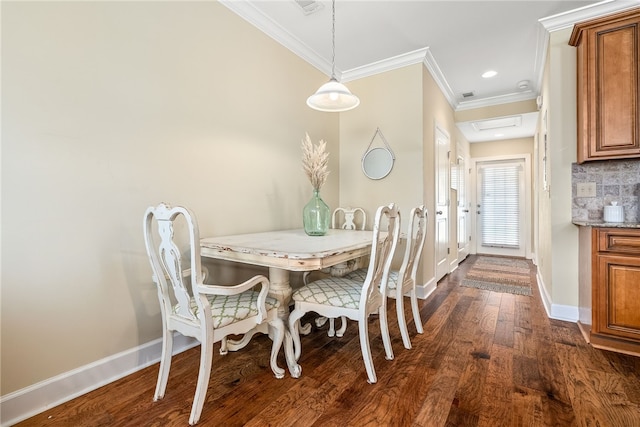 dining area with visible vents, crown molding, baseboards, dark wood-style floors, and recessed lighting