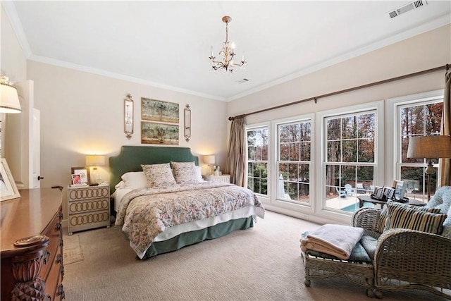 bedroom featuring carpet flooring, a chandelier, and crown molding