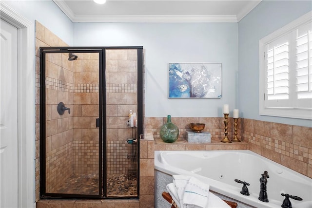 bathroom featuring crown molding and independent shower and bath