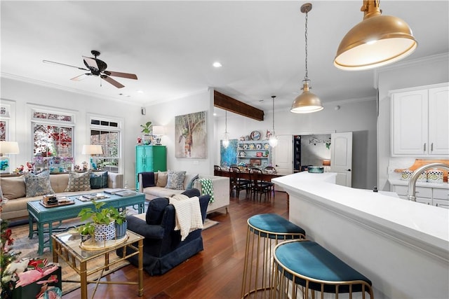 living room featuring sink, ceiling fan, dark hardwood / wood-style flooring, and crown molding