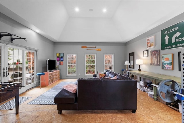 living room featuring a tray ceiling and vaulted ceiling