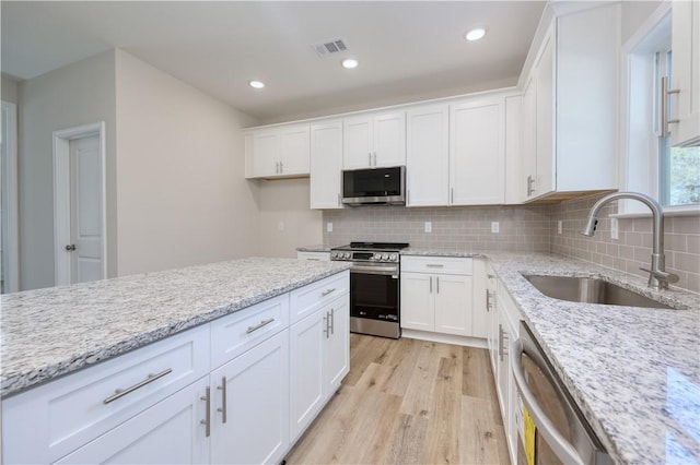 kitchen with tasteful backsplash, white cabinets, a sink, appliances with stainless steel finishes, and light wood-style floors