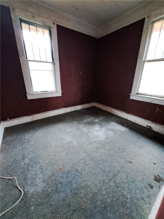 carpeted empty room with crown molding, a healthy amount of sunlight, and baseboards