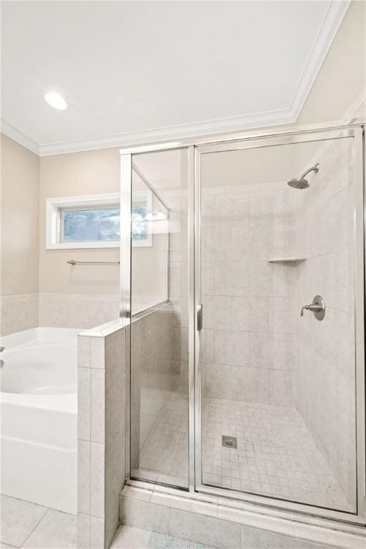 2133 W Farmville Rd W, Auburn, AL 36879 - bathroom featuring a stall shower, ornamental molding, and a bath