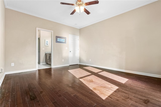 unfurnished bedroom featuring crown molding, baseboards, ceiling fan, and wood finished floors