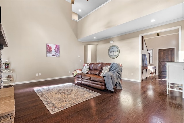 living area with ornamental molding, dark wood-type flooring, a high ceiling, and baseboards