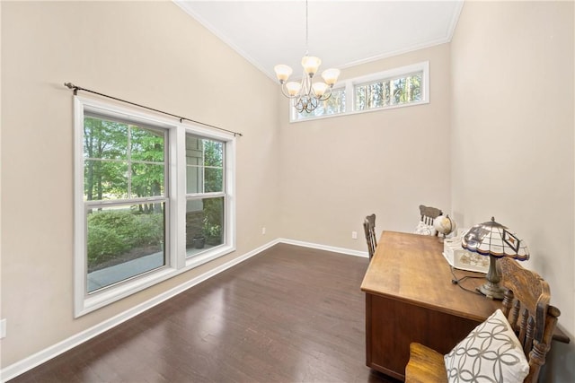 2133 W Farmville Rd W, Auburn, AL 36879 - office featuring crown molding, a chandelier, baseboards, and dark wood-type flooring
