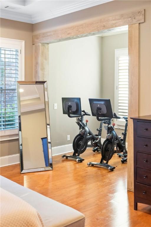 workout room featuring ornamental molding and light hardwood / wood-style floors