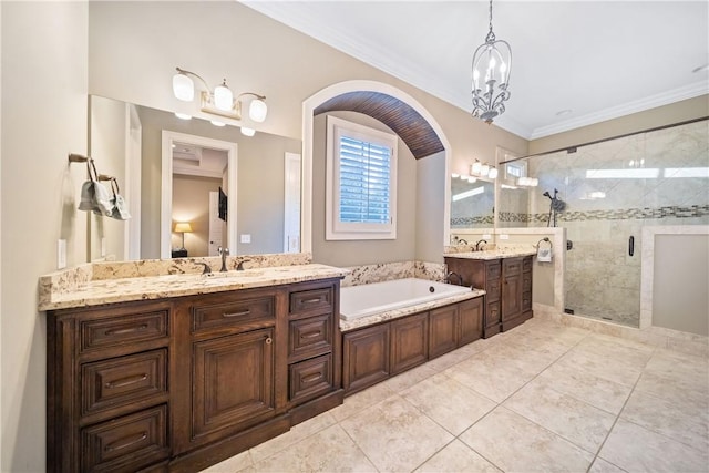 bathroom with ornamental molding, separate shower and tub, vanity, and tile patterned floors