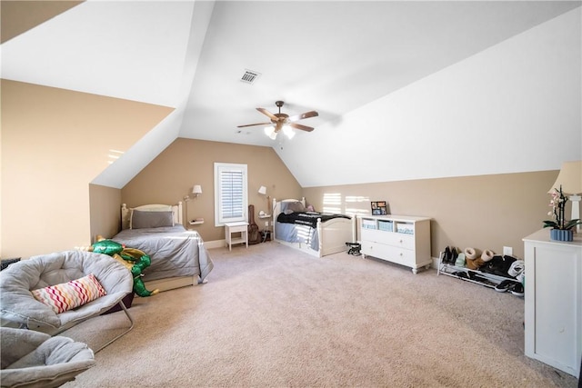 carpeted bedroom with lofted ceiling and ceiling fan