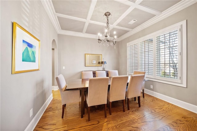 dining area featuring coffered ceiling, hardwood / wood-style floors, ornamental molding, and a chandelier