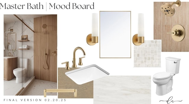 full bath with an enclosed shower, toilet, and marble finish floor