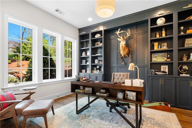 1321 Falls Crest Dr, Auburn, AL 36830 - home office with built in features, light wood-type flooring, visible vents, recessed lighting, and baseboards