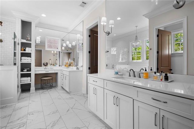 1321 Falls Crest Dr, Auburn, AL 36830 - full bathroom with crown molding, marble finish floor, a sink, and visible vents