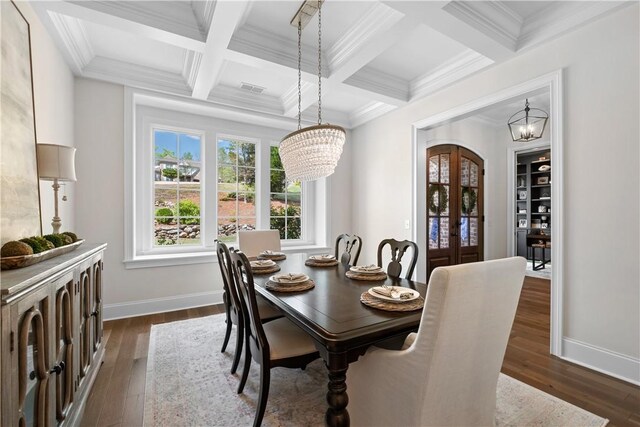 1321 Falls Crest Dr, Auburn, AL 36830 - dining area featuring french doors, beamed ceiling, a notable chandelier, and dark wood finished floors