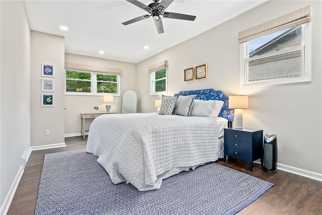 573 Hudson Ter, Auburn, AL 36830 - bedroom featuring dark wood finished floors, baseboards, recessed lighting, and ceiling fan