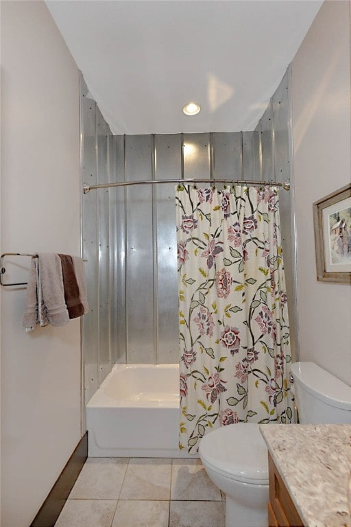 bathroom with toilet, vanity, shower / tub combo with curtain, recessed lighting, and tile patterned floors