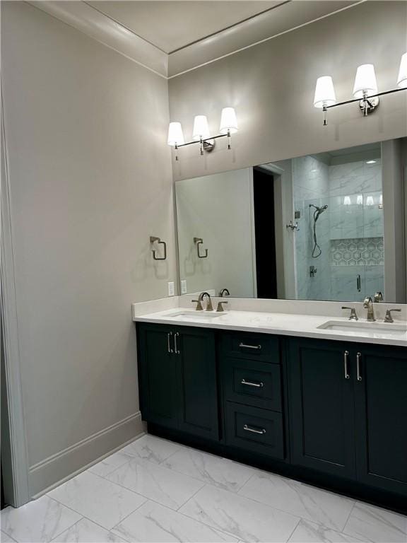 465 Windsor Dr, Opelika, AL 36801 - full bath with marble finish floors, a shower stall, baseboards, and double vanity