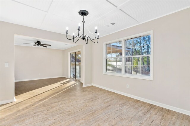 1039 Cornstalk Ln, Auburn, AL 36830 - empty room with baseboards, visible vents, wood finished floors, and ceiling fan with notable chandelier