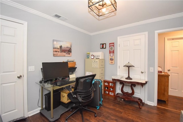 office area with crown molding and dark wood-type flooring