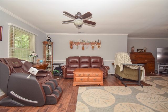 living room with ceiling fan, dark hardwood / wood-style flooring, and crown molding