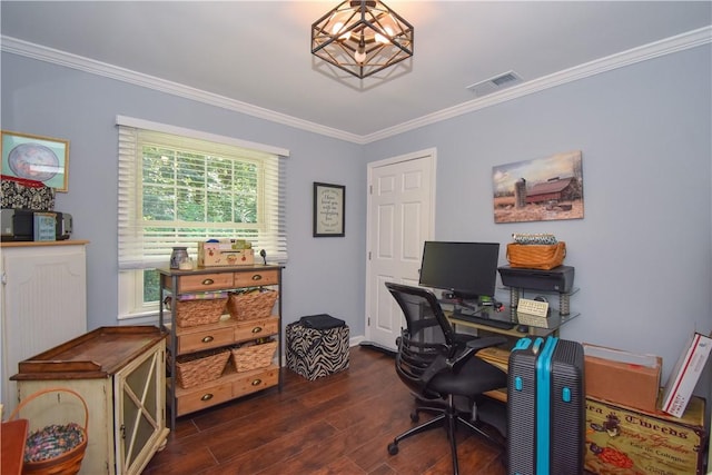 office area featuring dark hardwood / wood-style floors and ornamental molding