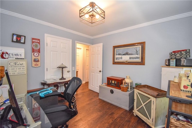 office area with crown molding and dark hardwood / wood-style flooring