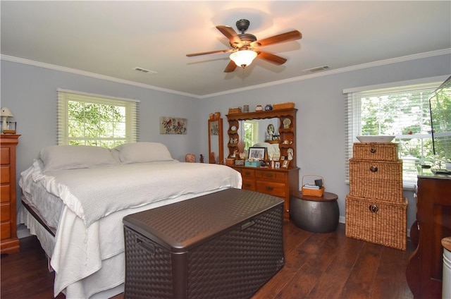 bedroom with multiple windows, ceiling fan, dark hardwood / wood-style floors, and ornamental molding