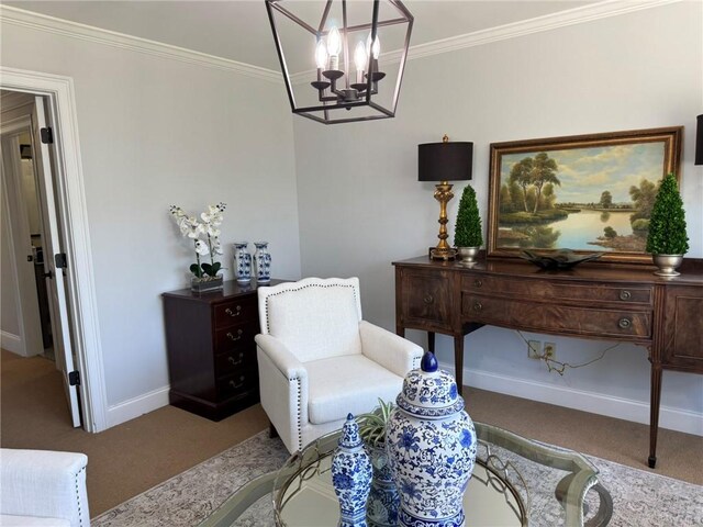 6207 County Road 222, Five Points, AL 36855 - living area with carpet floors, baseboards, a chandelier, and crown molding