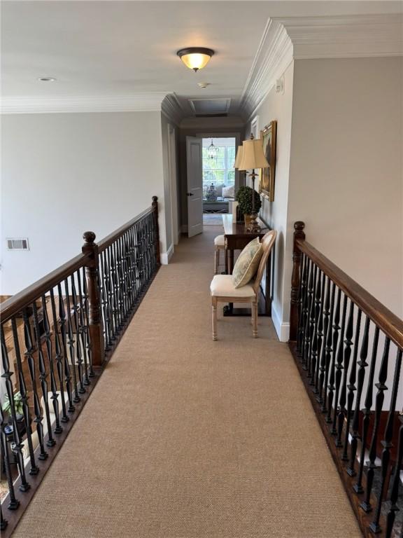 6207 County Road 222, Five Points, AL 36855 - corridor featuring crown molding, carpet floors, an upstairs landing, and baseboards