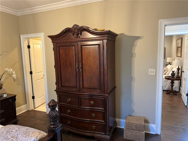 6207 County Road 222, Five Points, AL 36855 - bedroom with dark wood-style flooring, baseboards, and ornamental molding